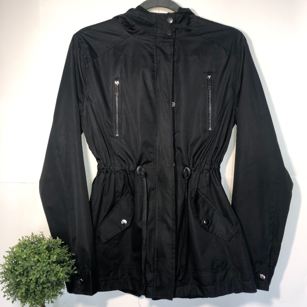 Ambience Outerwear Cinch Waist Rain Jacket - Black